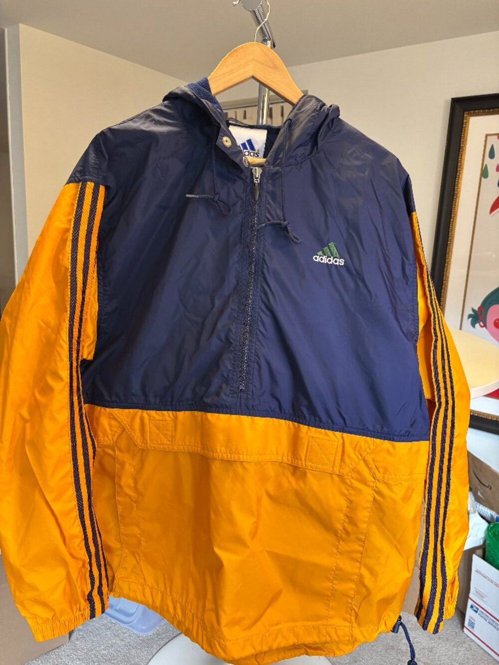 Vintage 90s Adidas Windbreaker Jacket — Size Medium Color Block Navy Blue & Gold
